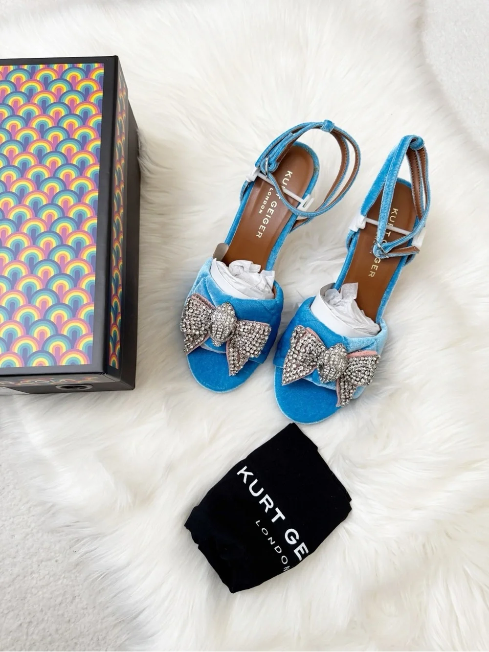 Kurt Geiger Turquoise Blue Velvet Crystal Bow Heeled Sandals